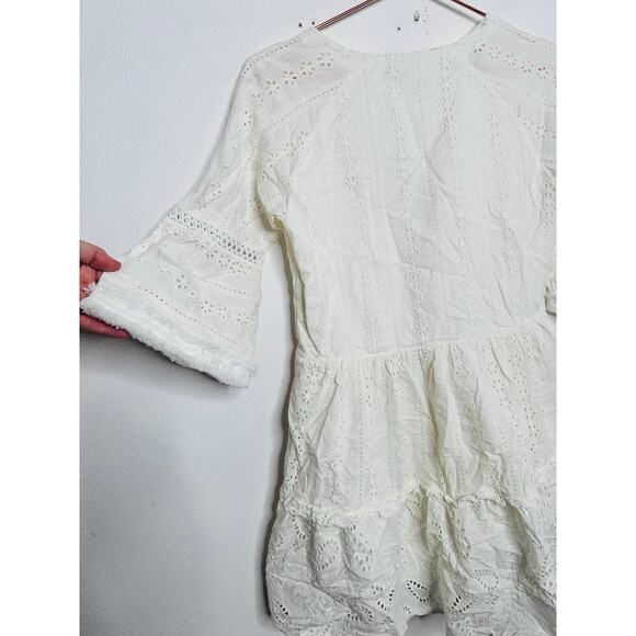 N12H White Cotton Eyelet Pure Peasant Three Quarter Sleeve Poppy Dress XS US 0 - Picture 15 of 16